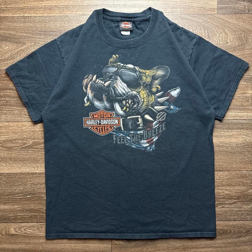 Harley Davidson Black Graphic Tee with Bulldog Wearing Sunglasses